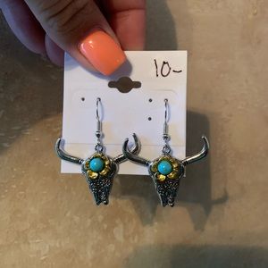 Bull skull with teal gem earrings